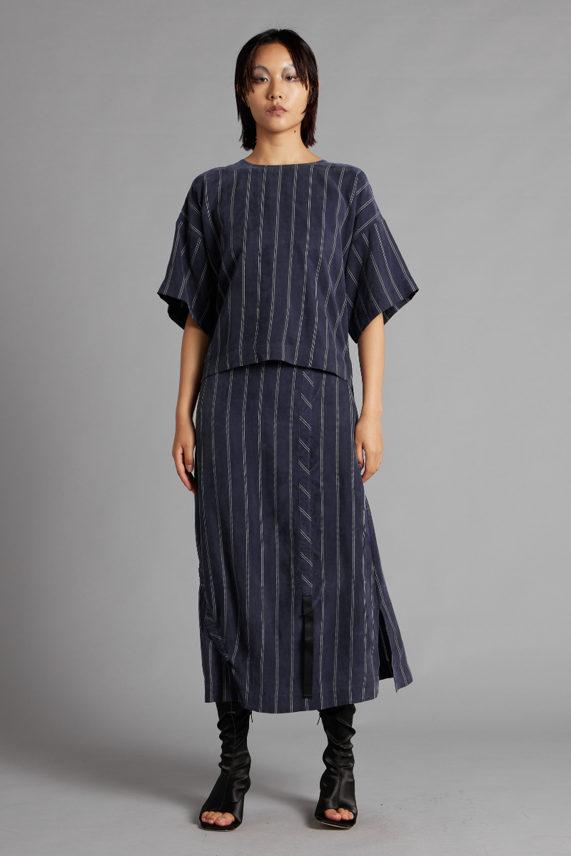 Slate Ink Stripe Kira Cupro Midi Skirt