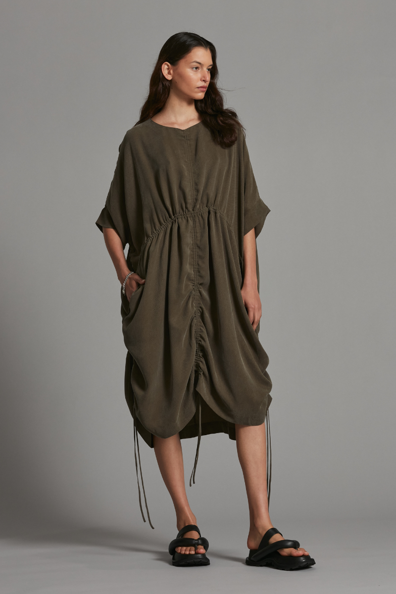 Khaki Saque Tencel Midi Dress