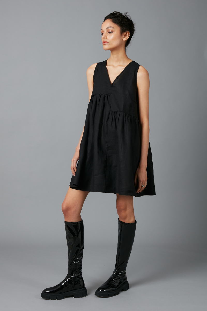 Black Macy Linen Gathered Mini Dress